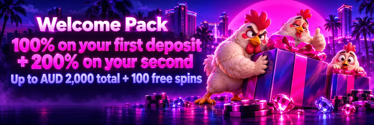Glossy pink and violet welcome banner with three expressive chickens gathered around two ribbon-wrapped gift boxes.